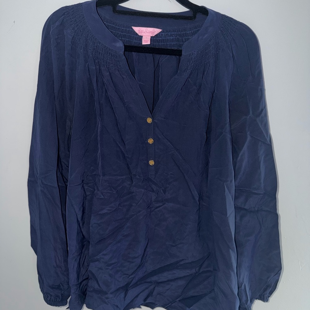Lilly Pulitzer Navy Long-Sleeve Henley Tunic with Gold Buttons